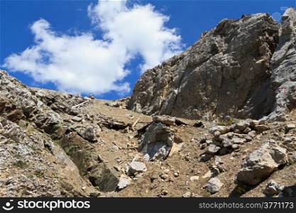 hiking on mountain ridge in San Pellegrino valley, Trentino, Italy