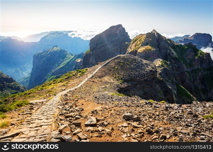 Hiking path in mountains, Portugal. Mountains in clouds