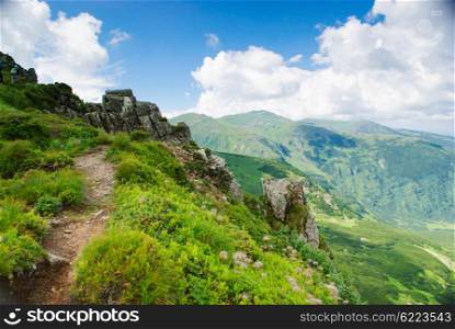 Hiking path into the peak in Carpathian mountians. Hiking path in mountain