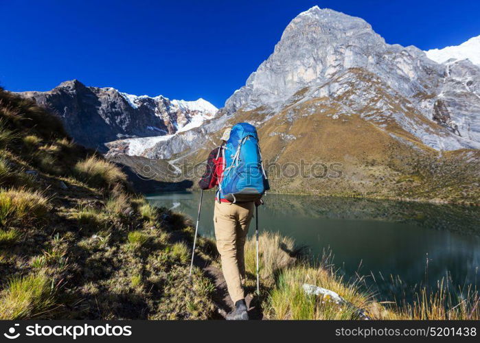 Hiking scene in Cordillera mountains, Peru