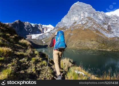Hiking scene in Cordillera mountains, Peru