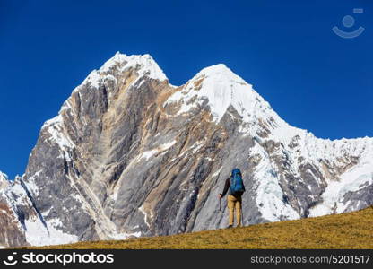 Hiking scene in Cordillera mountains, Peru