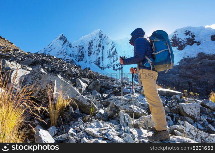 Hiking scene in Cordillera mountains, Peru