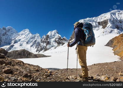 Hiking scene in Cordillera mountains, Peru