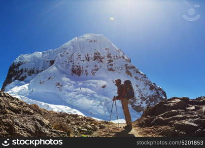 Hiking scene in Cordillera mountains, Peru