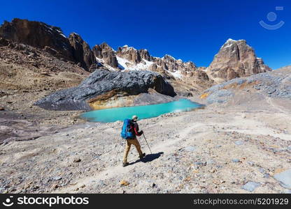 Hiking scene in Cordillera mountains, Peru