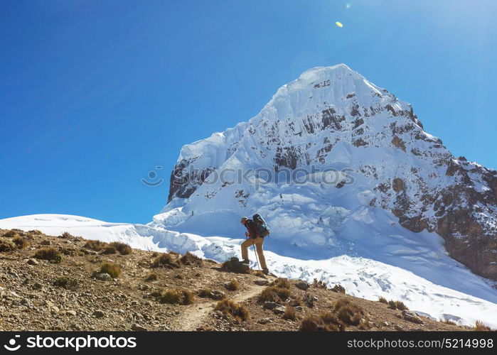 Hiking scene in Cordillera mountains, Peru