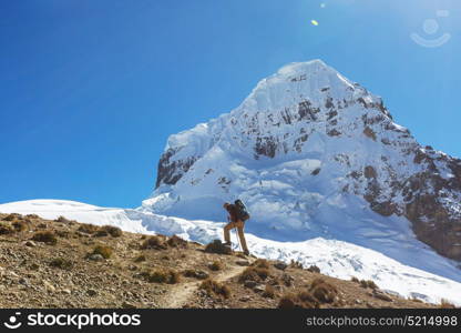 Hiking scene in Cordillera mountains, Peru