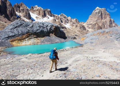 Hiking scene in Cordillera mountains, Peru