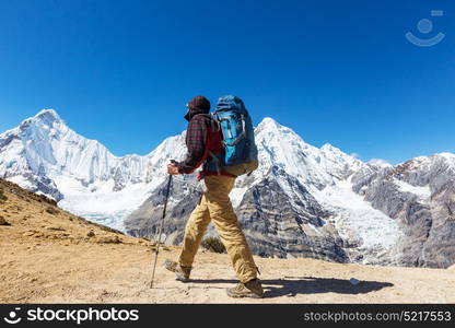 Hiking scene in Cordillera mountains, Peru