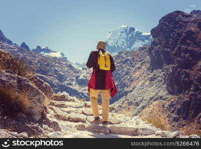 Hiking scene in Cordillera mountains, Peru