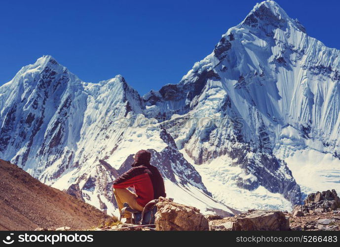 Hiking scene in Cordillera mountains, Peru