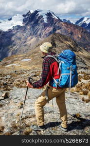 Hiking scene in Cordillera mountains, Peru