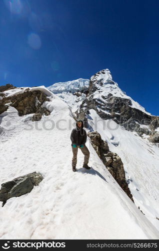 Hiking scene in Cordillera mountains, Peru