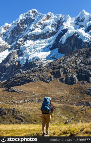 Hiking scene in Cordillera mountains, Peru