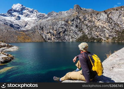 Hiking scene in Cordillera mountains, Peru