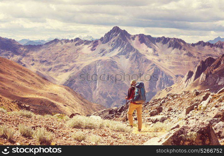 Hiking scene in Cordillera mountains, Peru