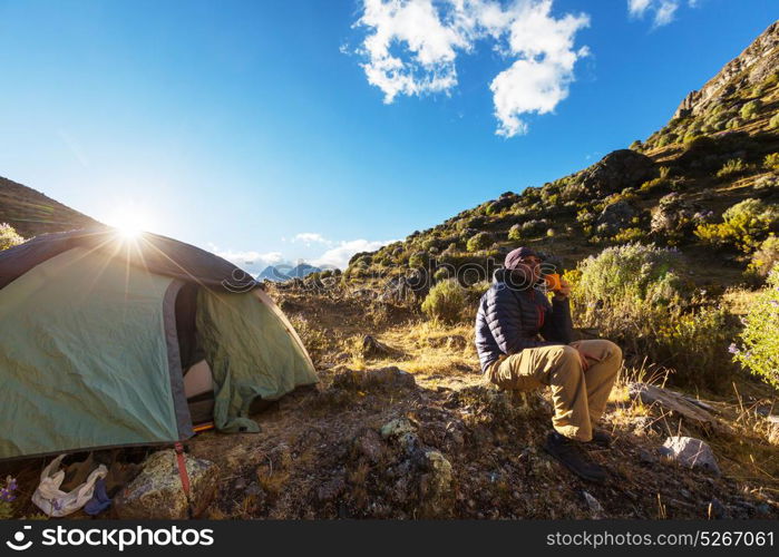 Hiking scene in Cordillera mountains, Peru