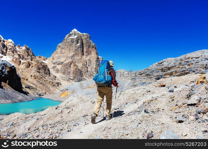 Hiking scene in Cordillera mountains, Peru