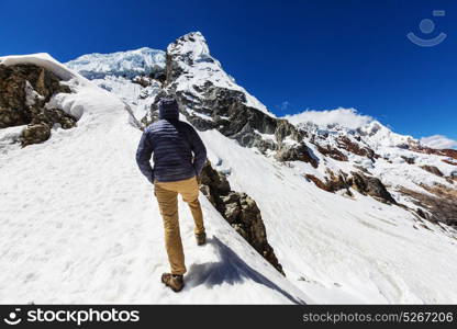 Hiking scene in Cordillera mountains, Peru