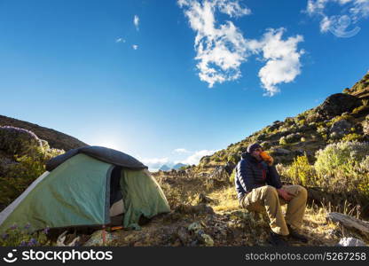 Hiking scene in Cordillera mountains, Peru