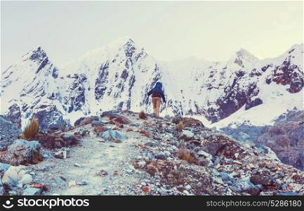 Hiking scene in Cordillera mountains, Peru