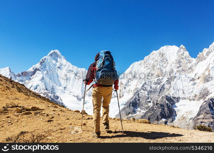 Hiking scene in Cordillera mountains, Peru