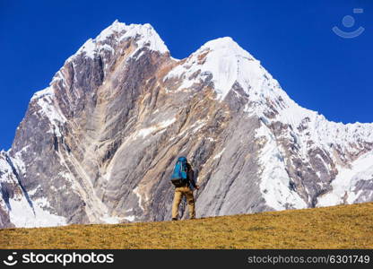 Hiking scene in Cordillera mountains, Peru