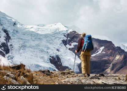 Hiking scene in Cordillera mountains, Peru