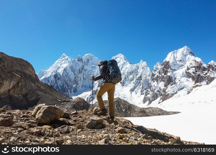 Hiking scene in Cordillera mountains, Peru