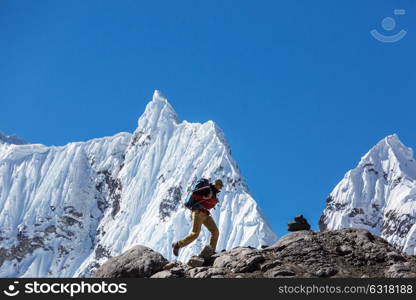 Hiking scene in Cordillera mountains, Peru