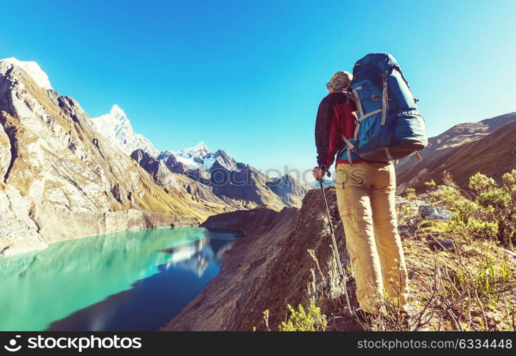 Hiking scene in Cordillera mountains, Peru