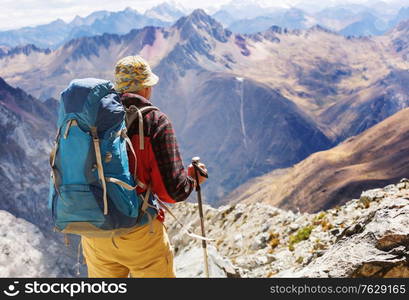 Hiking scene in Cordillera mountains, Peru