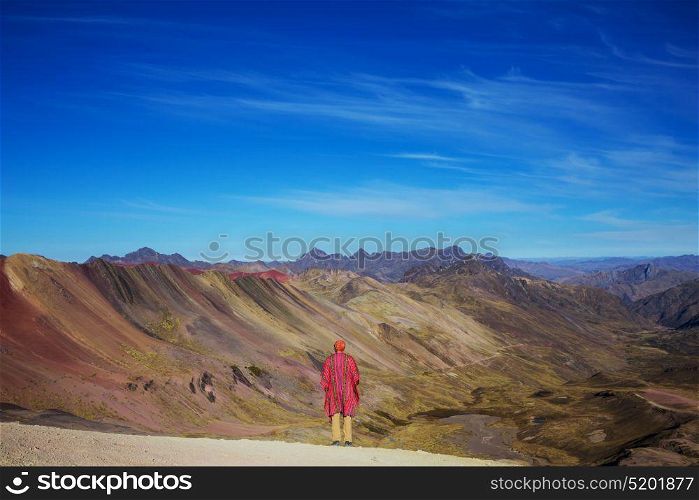 Hiking scene in Vinicunca, Cusco Region, Peru. Montana de Siete Colores, Rainbow Mountain.