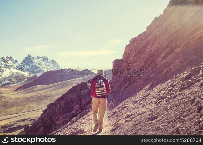 Hiking scene in Vinicunca, Cusco Region, Peru. Montana de Siete Colores, Rainbow Mountain.