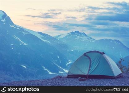 Hiking tent in the mountains. Mt Baker Recreation Area, Washington, USA