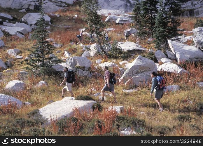 Hiking With A Group Through The Rocky Wilderness