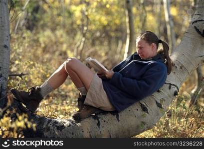 Hiking Woman Reading Outdoors