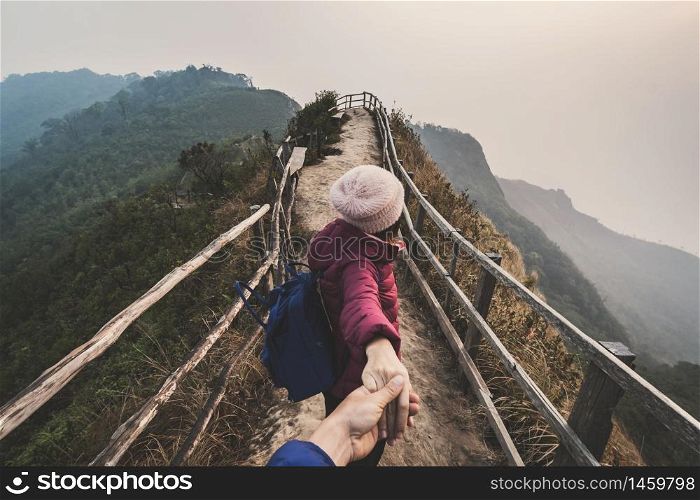 Hiking young couple traveler looking beautiful landscape, Travel lifestyle concept