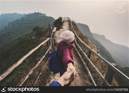 Hiking young couple traveler looking beautiful landscape, Travel lifestyle concept