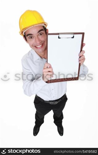 Hilarious craftsman holding clipboard