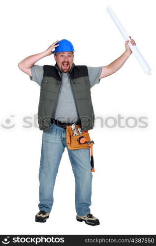 hilarious foreman standing against white background holding blueprints