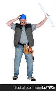 hilarious foreman standing against white background holding blueprints