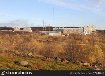 Hill and apartmet buildings in Murmansk, Russia