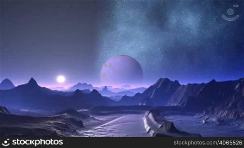 Hills and low rocks bathed in bright blue light that is reflected from the surface. Above the horizon a white fog. In the dark night sky bright stars and a huge nebula. Above the horizon slowly rotates pale blue planet. Near the distant white sun.
