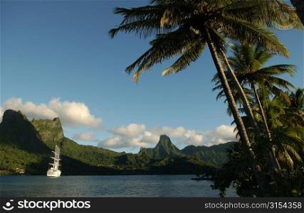 Hills beyond the sea, Moorea, Tahiti, French Polynesia, South Pacific
