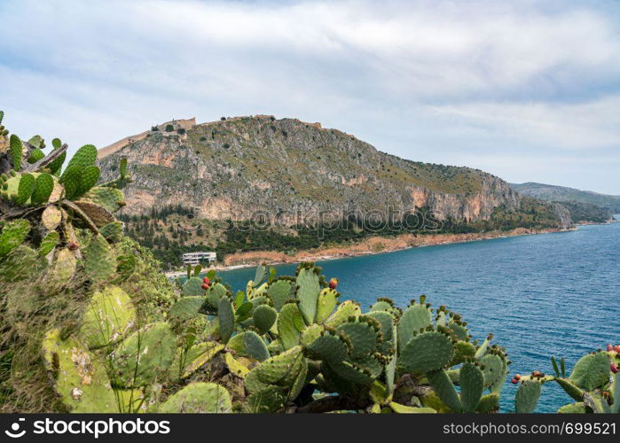 Hilltop fortress of Palamidi above the city of Nafplio in Greece. Hilltop fortress of Palamidi at Nafplio in Greece