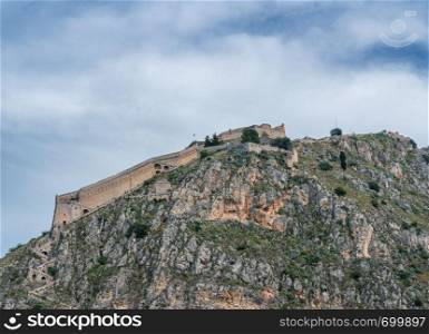 Hilltop fortress of Palamidi above the city of Nafplio in Greece. Hilltop fortress of Palamidi at Nafplio in Greece