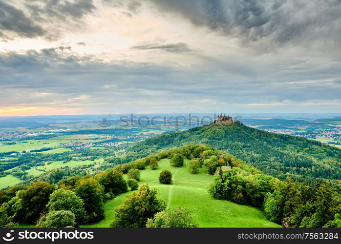 Hilltop Hohenzollern Castle on mountain top in Swabian Alps, Baden-Wurttemberg, Germany