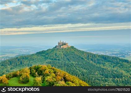 Hilltop Hohenzollern Castle on mountain top in Swabian Alps, Baden-Wurttemberg, Germany